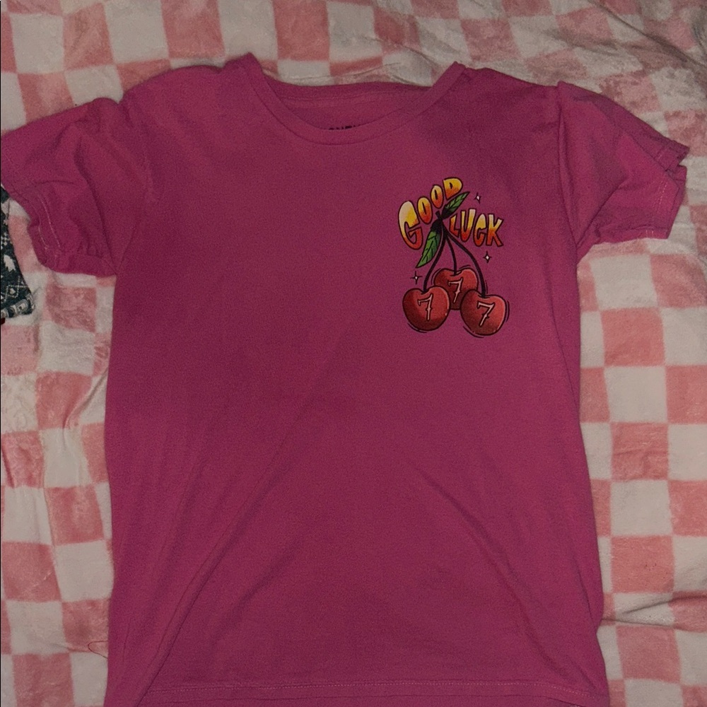 Chemistry Pink Kids Tee with 'Good Luck' Cherry Graphic